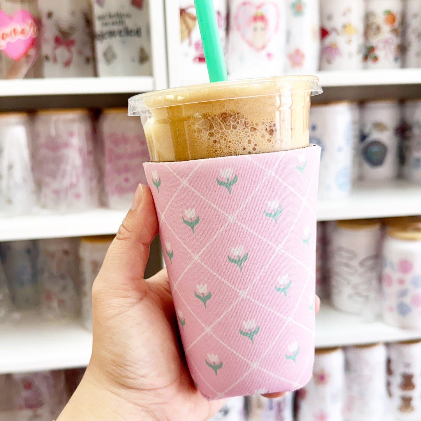 Iced Coffee Sleeve, Pink Tulip Pattern