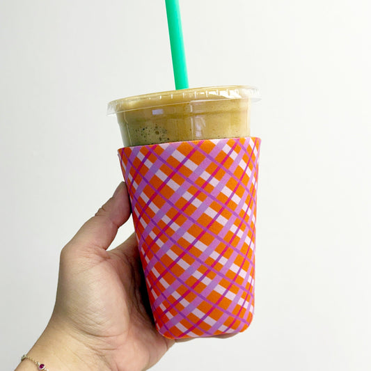 Iced Coffee Sleeve, Summer Orange & Purple Plaid Design
