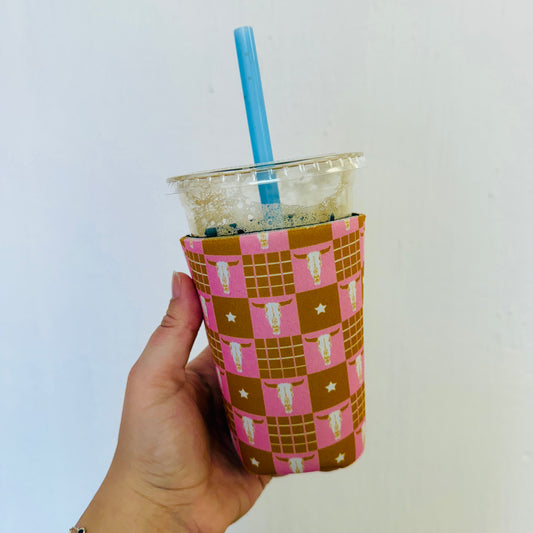 Iced Coffee Sleeve, Pink Longhorn Pattern