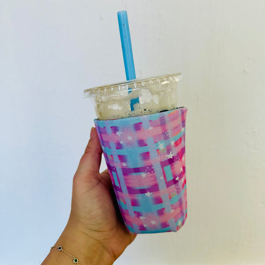 Iced Coffee Sleeve, Purple Painted Plaid with Stars Pattern