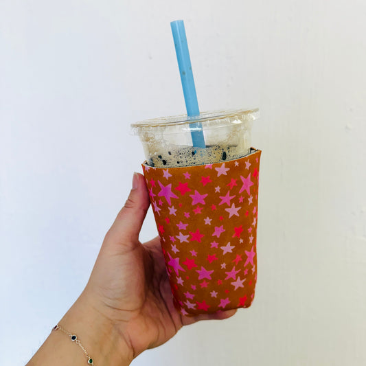Iced Coffee Sleeve, Brown Stars Pattern