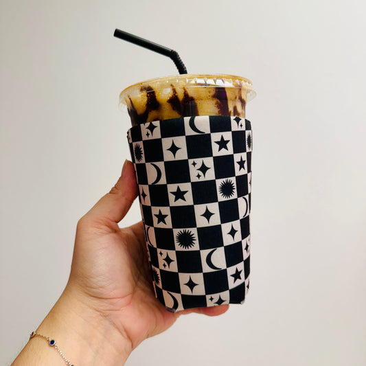 Iced Coffee Sleeve, Black Sun and Moon Check Pattern