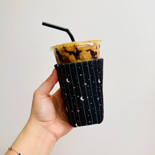 Iced Coffee Sleeve, Black Moon and Stars Pattern