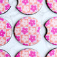 2 Car Coasters, Pink and Orange Checkered Daisy Design