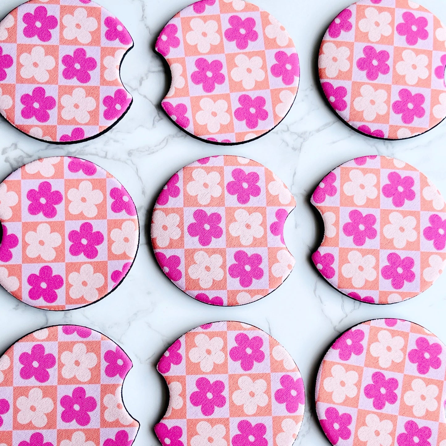 2 Car Coasters, Pink and Orange Checkered Daisy Design