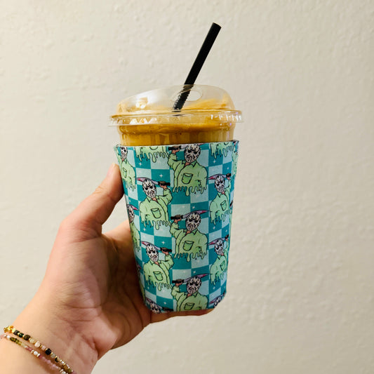 Iced Coffee Sleeve, Jason Horror Blue Checkered Pattern