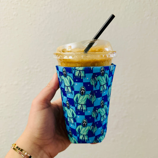 Iced Coffee Sleeve, Ghostface Blue Checker Pattern