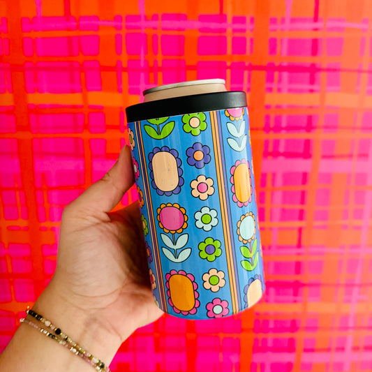 12 oz Can Cooler, Colorful Retro Floral Pattern