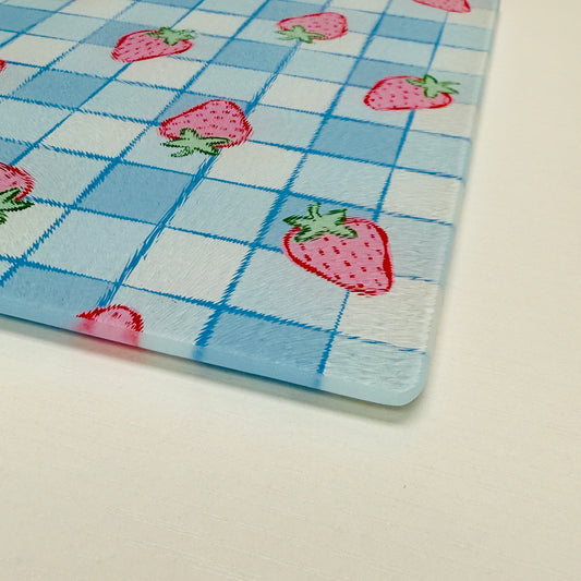 Glass Cutting Board, Strawberry Blue Gingham Pattern