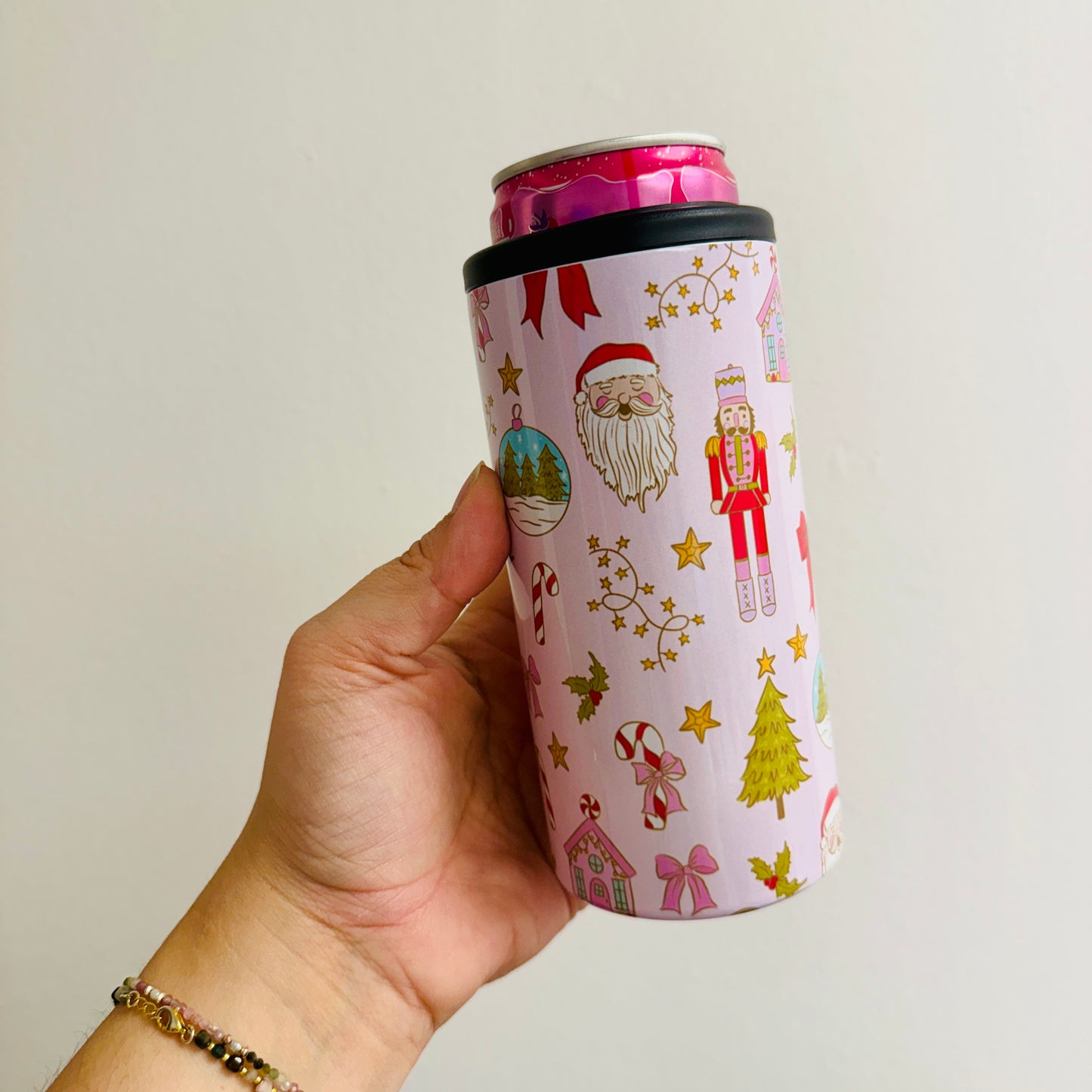 Slim Can Cooler, Pink Christmas Nutcracker Pattern