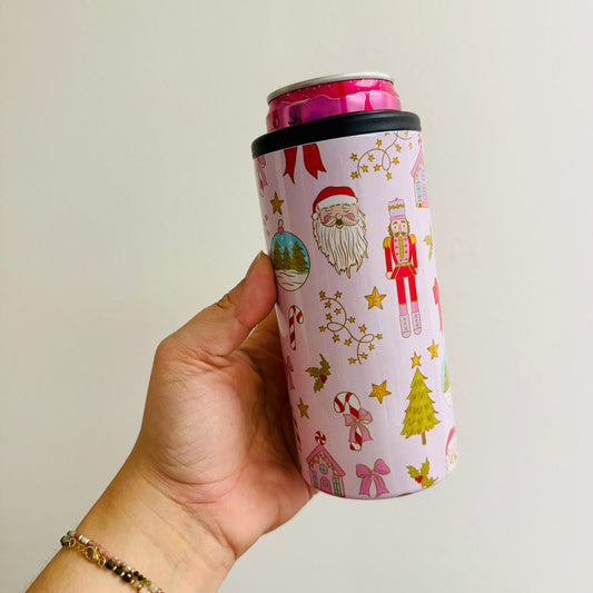 Slim Can Cooler, Pink Christmas Nutcracker Pattern
