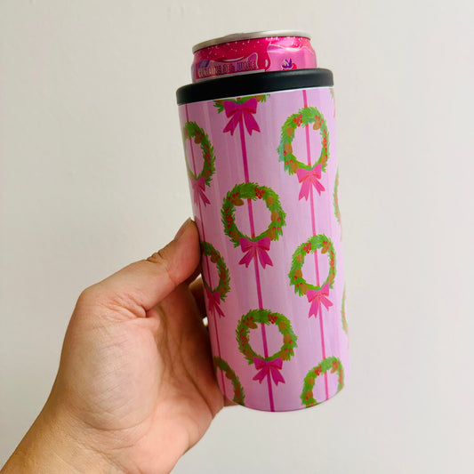 Slim Can Cooler, Pink Wreath Pattern