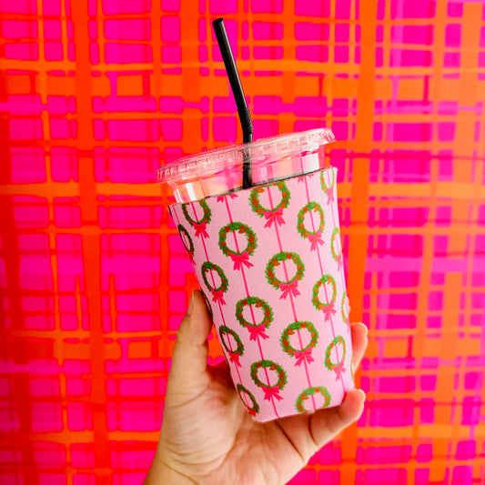 Iced Coffee Sleeve, Pink Wreaths