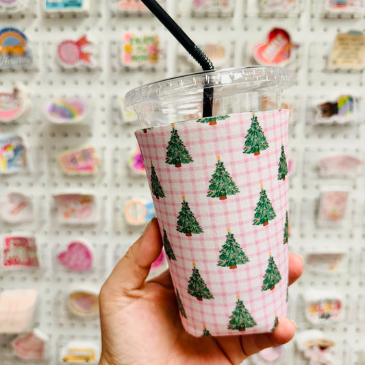 Iced Coffee Sleeve, Pink Gingham Trees