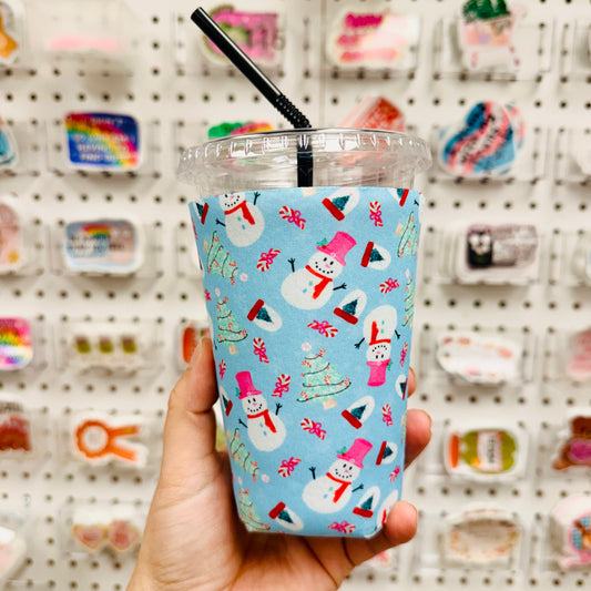 Iced Coffee Sleeve, Blue Snowman Pattern