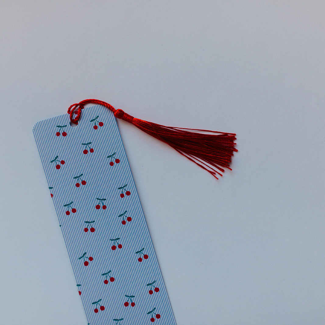 Bookmark With Tassel Cherries on Blue Pinstripe