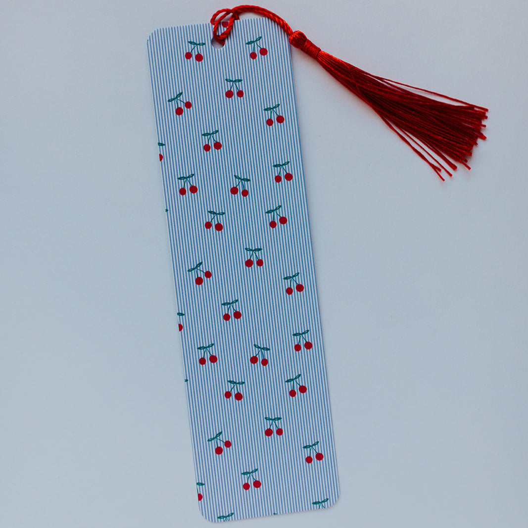 Bookmark With Tassel Cherries on Blue Pinstripe
