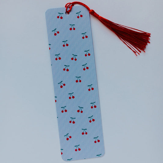 Bookmark With Tassel Cherries on Blue Pinstripe