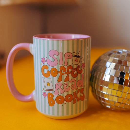 15 oz Mug, Sip Coffee Read Books with Pink Handle