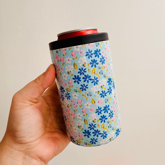 12 oz Can Cooler, Blue Ditsy Floral Pattern