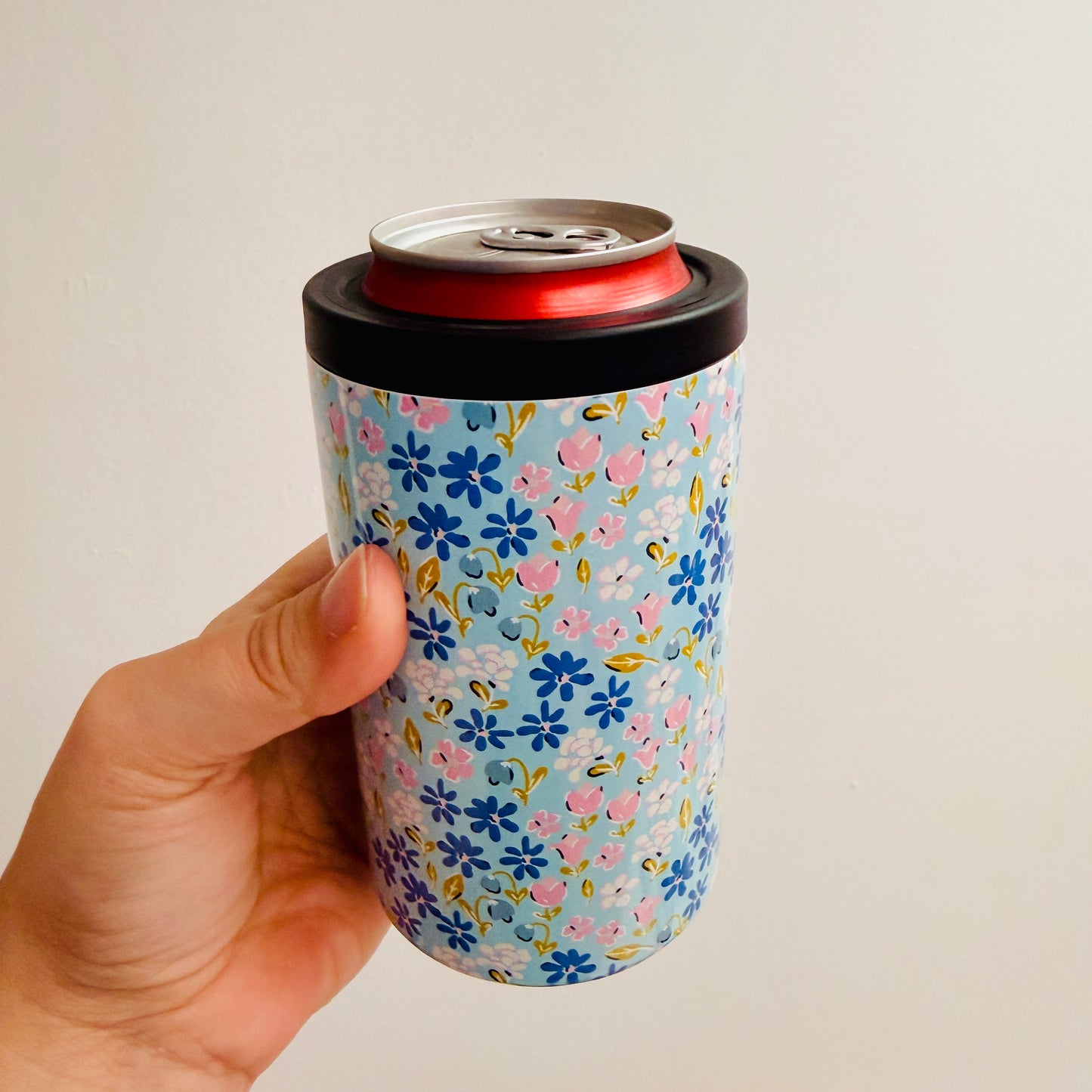 12 oz Can Cooler, Blue Ditsy Floral Pattern
