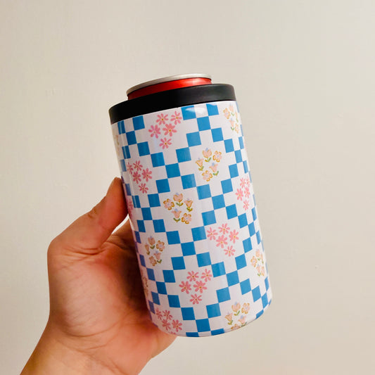 12 oz Can Cooler, Blue Floral Squares Pattern