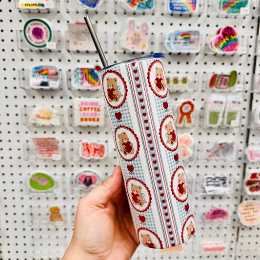 20 oz Skinny Tumbler, Valentine Bear Pattern
