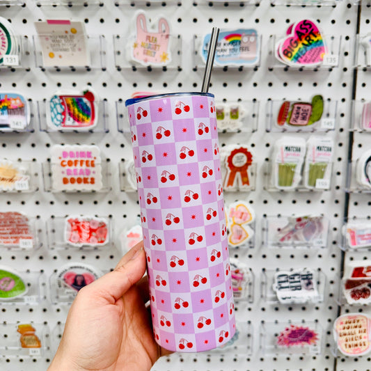 20 oz Skinny Tumbler, Cherry Check Pattern