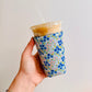 Iced Coffee Sleeve, Blue Ditsy Floral Pattern