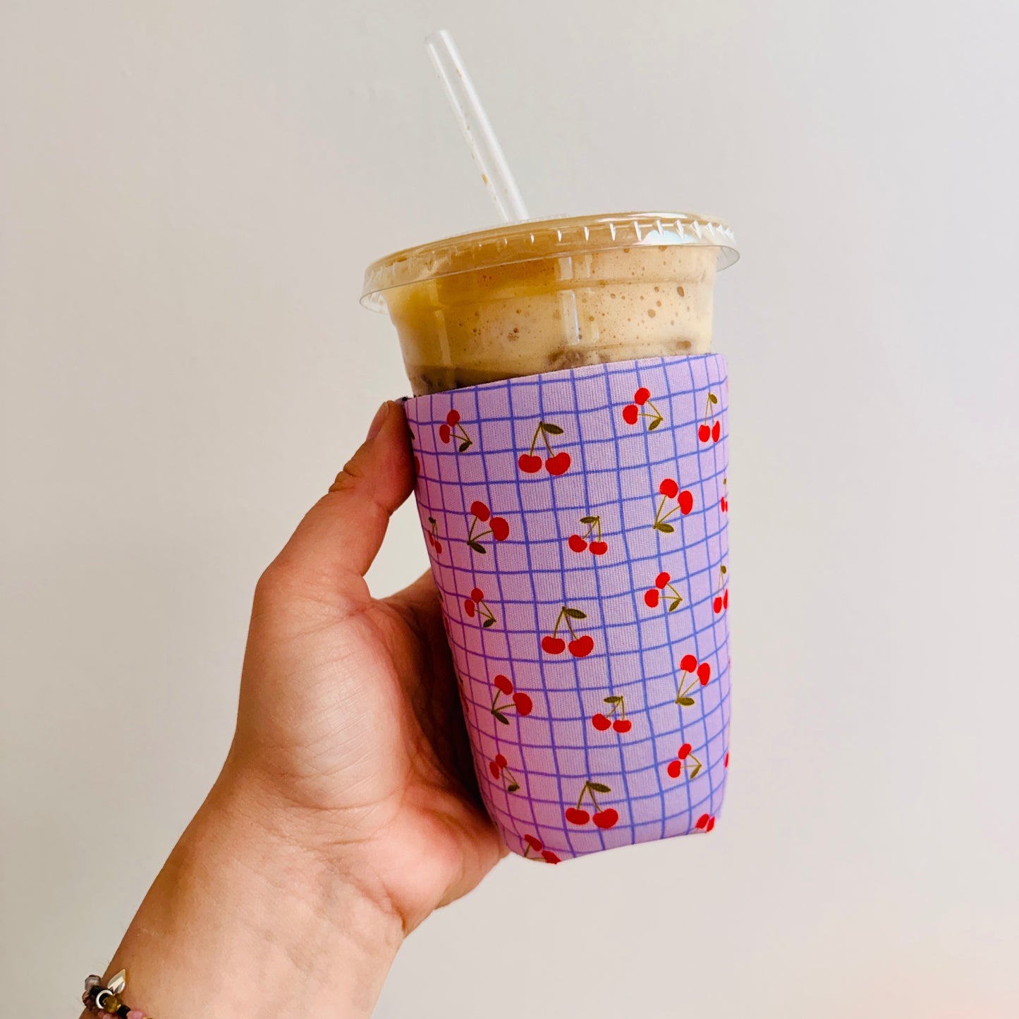 Iced Coffee Sleeve, Cherry Grid Pattern