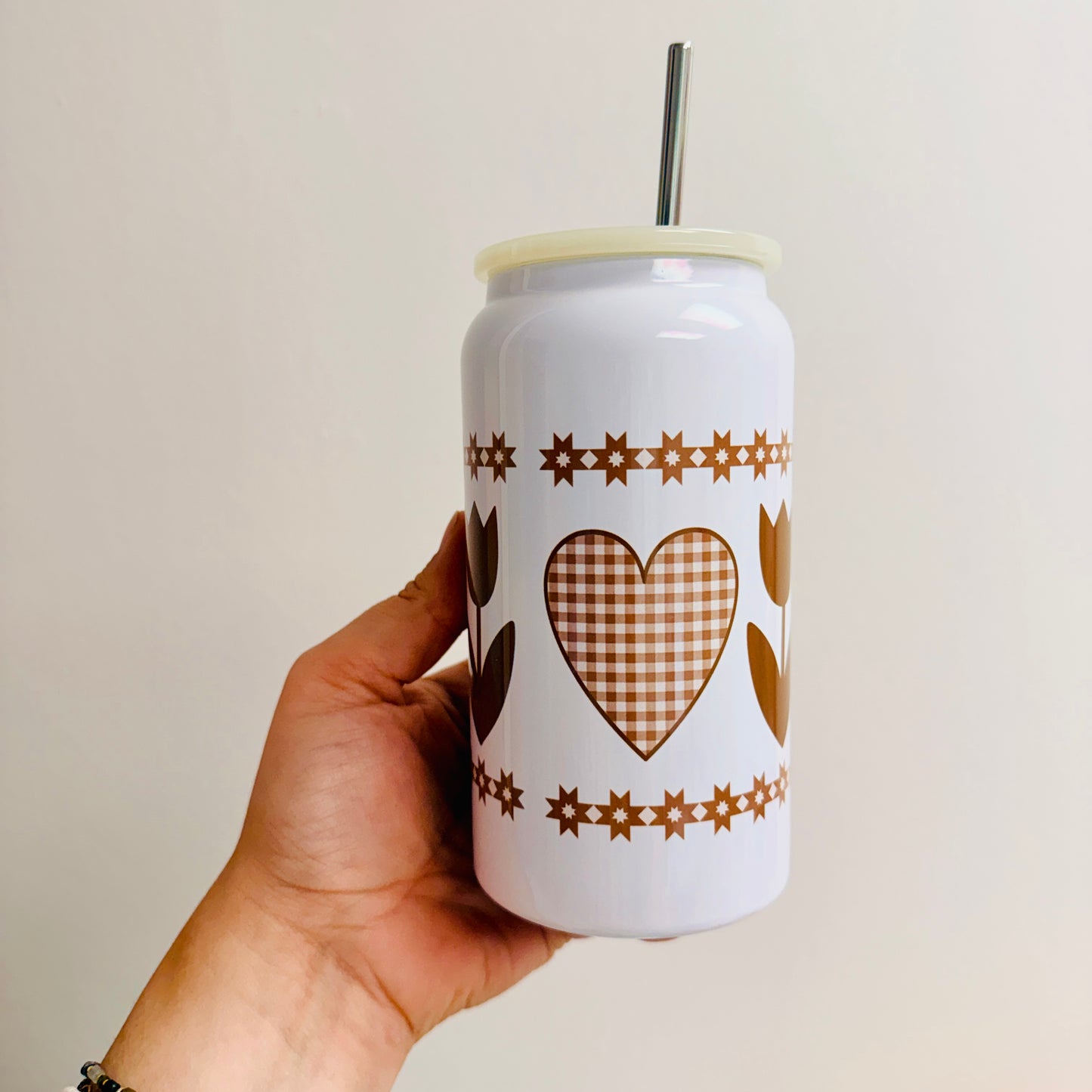 16 oz Stainless Steel Cup, 90's Country Hearts and Tulips Pattern