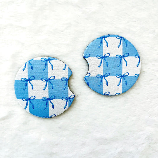 2 Car Coasters, Blue Coquette Bow & Checkered Pattern