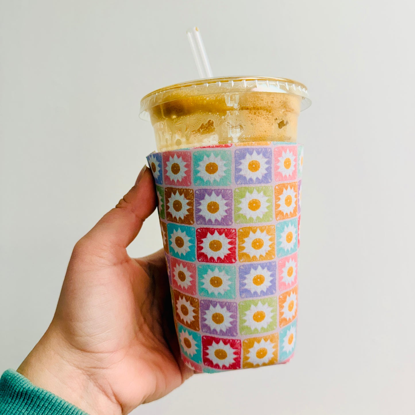 Iced Coffee Sleeve, Colorful Granny Squares Pattern