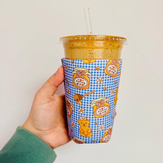 Iced Coffee Sleeve, Honey Bear Gingham Pattern