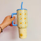 40oz Tumbler with Lid and Straw, Gold Sun & Moon Pattern