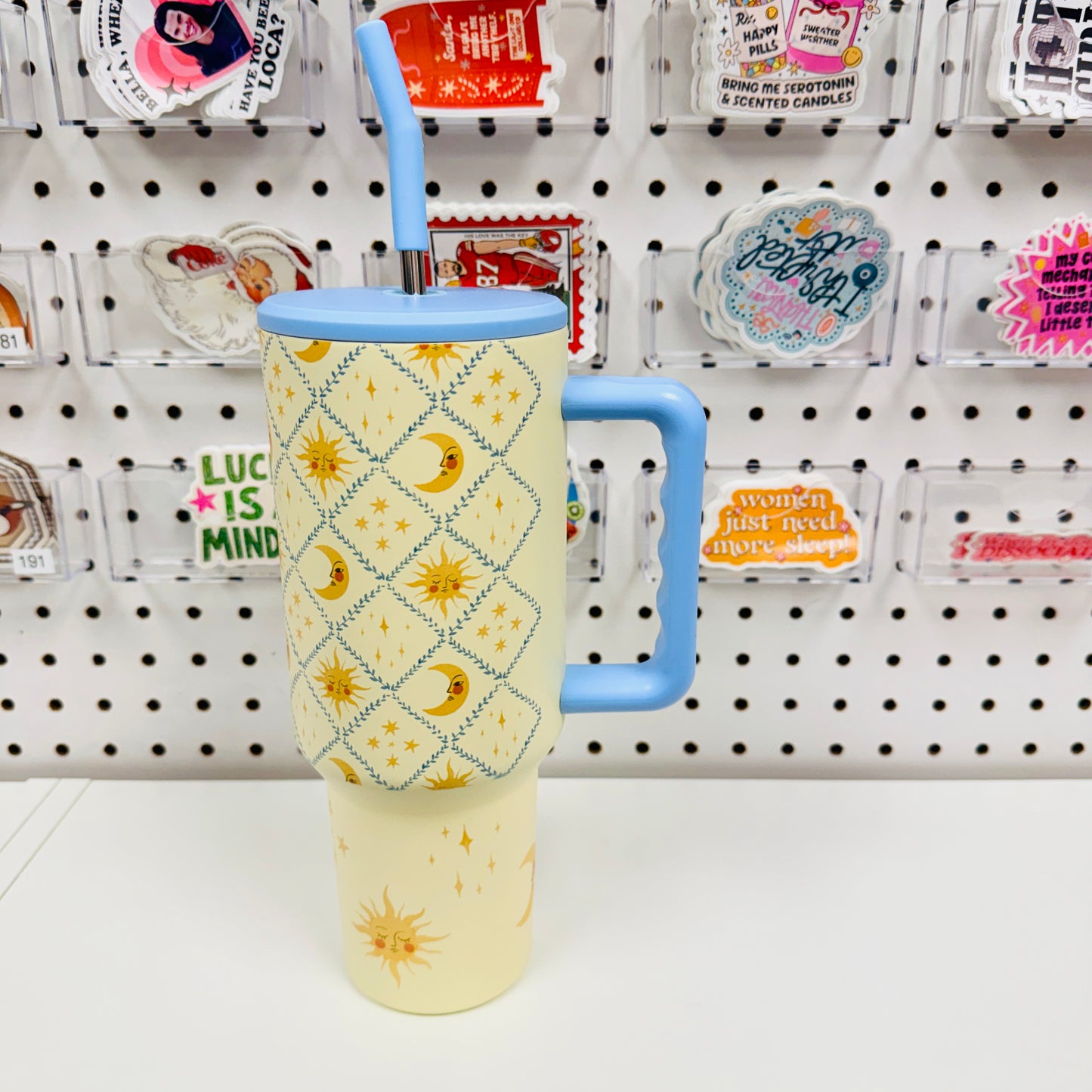 40oz Tumbler with Lid and Straw, Gold Sun & Moon Pattern