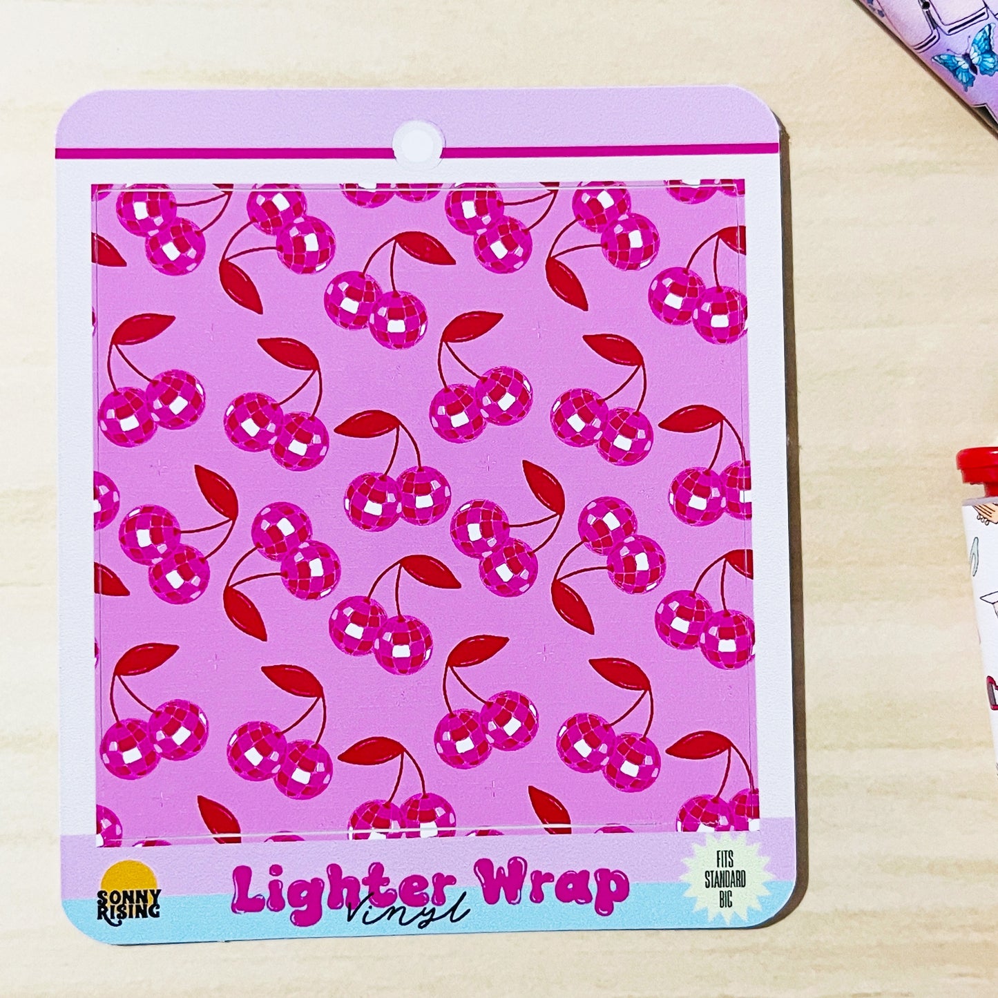 Vinyl Lighter Wrap Pink Disco Cherries Pattern