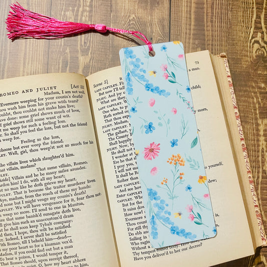 Bookmark With Tassel Blue Watercolor Floral