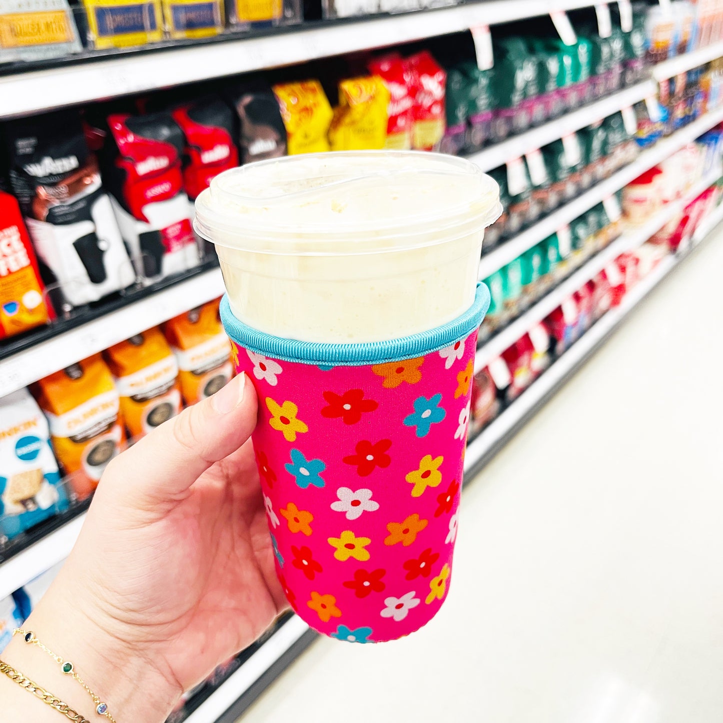 Iced Coffee Sleeve, Bright Pink Floral