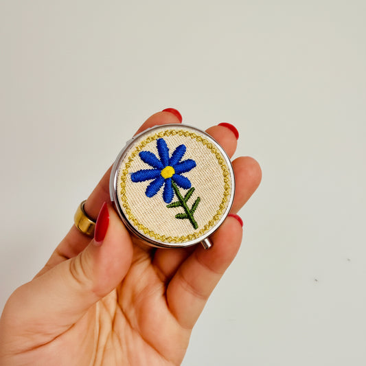 Purse Pill Box, Embroidered Blue Flower