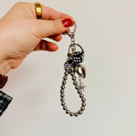 Wristlet Keychain, 8 Ball & Dice on Silver Chain