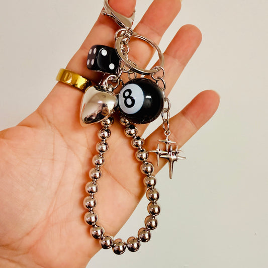 Wristlet Keychain, 8 Ball & Dice on Silver Chain