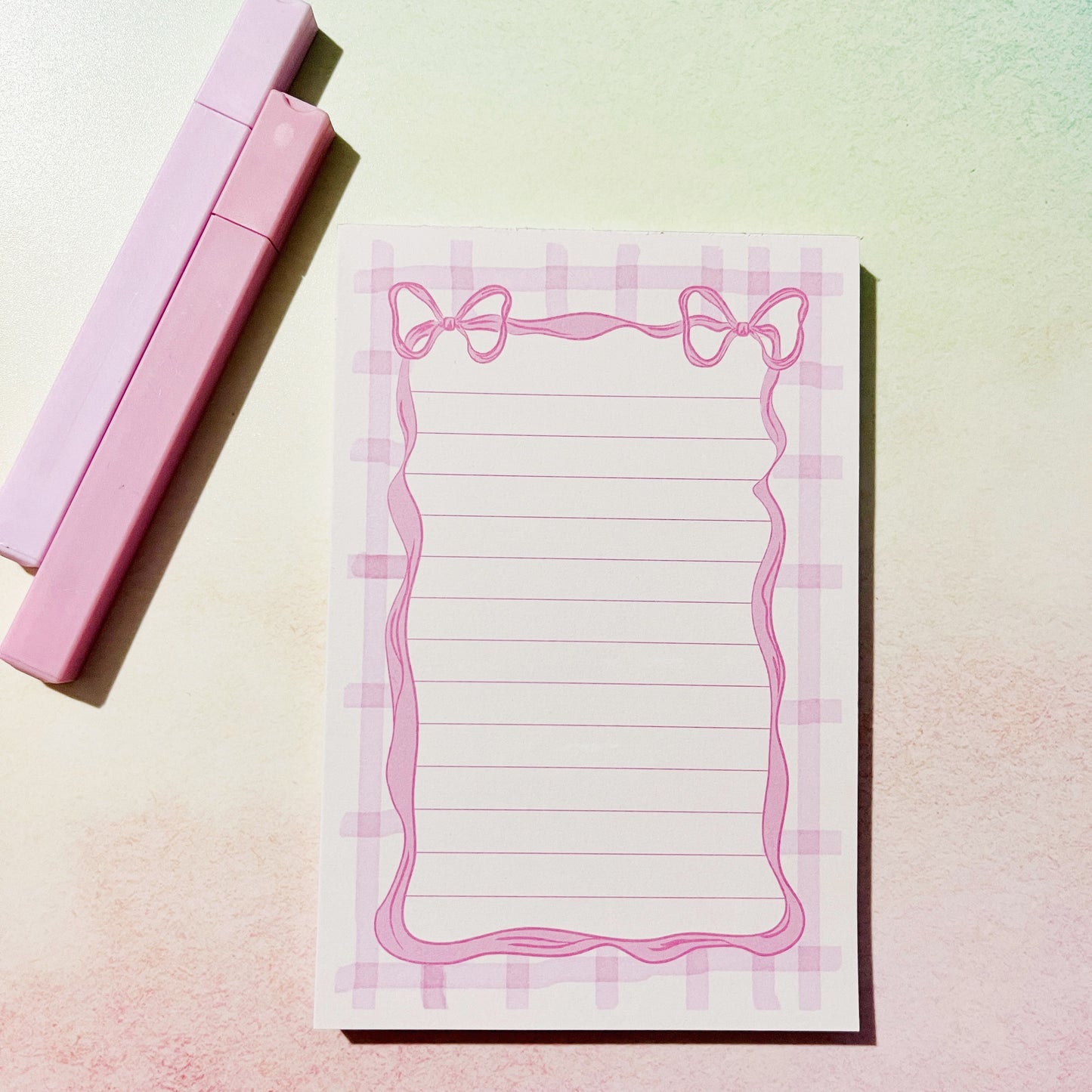 4x6 Notepad, Pink Gingham Bow Border