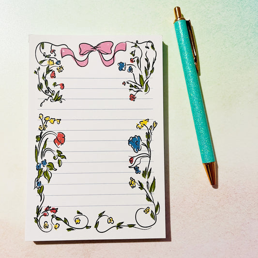 4x6 Notepad, Hand Drawn Floral Bow Border