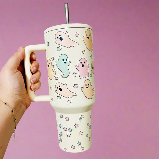 40oz Tumbler with Lid and Straw, Pastel Ghosts