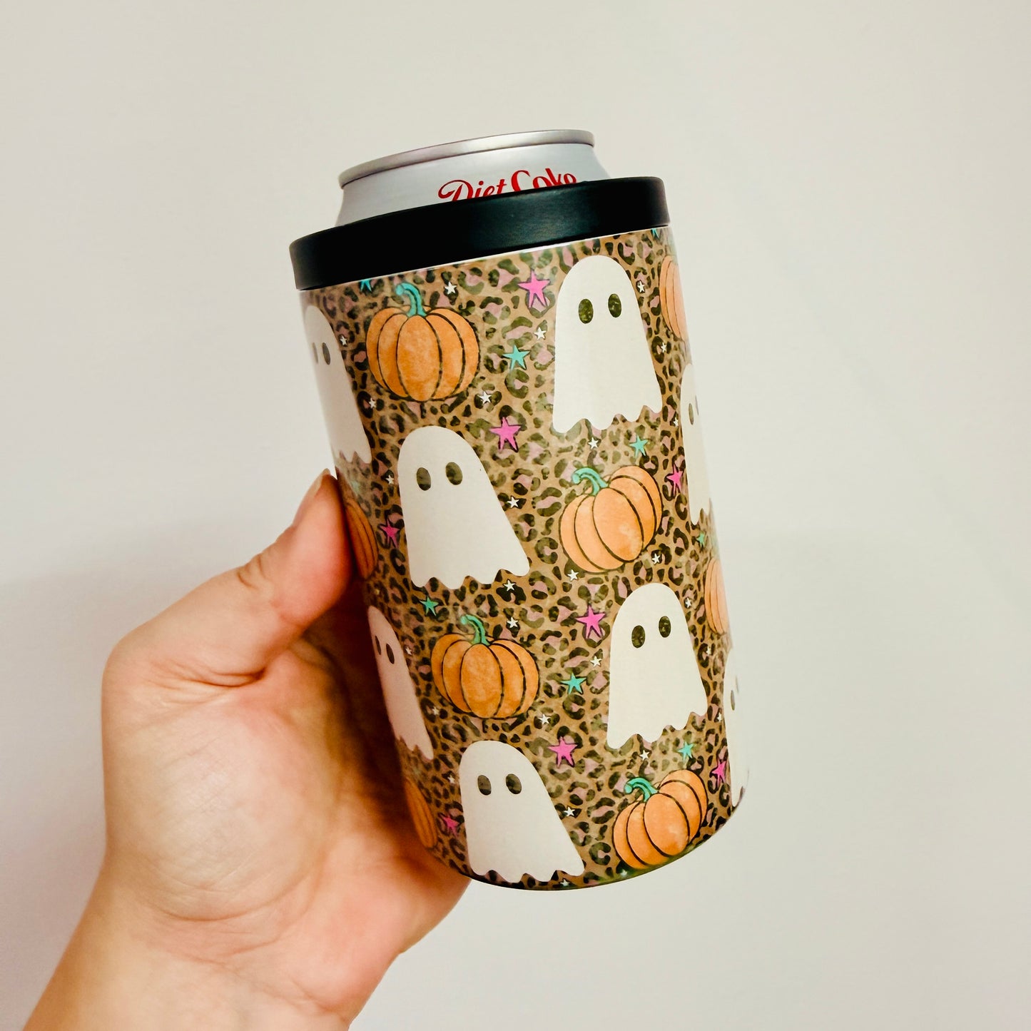 12 oz Can Cooler, Cheetah Print Ghosts & Pumpkins