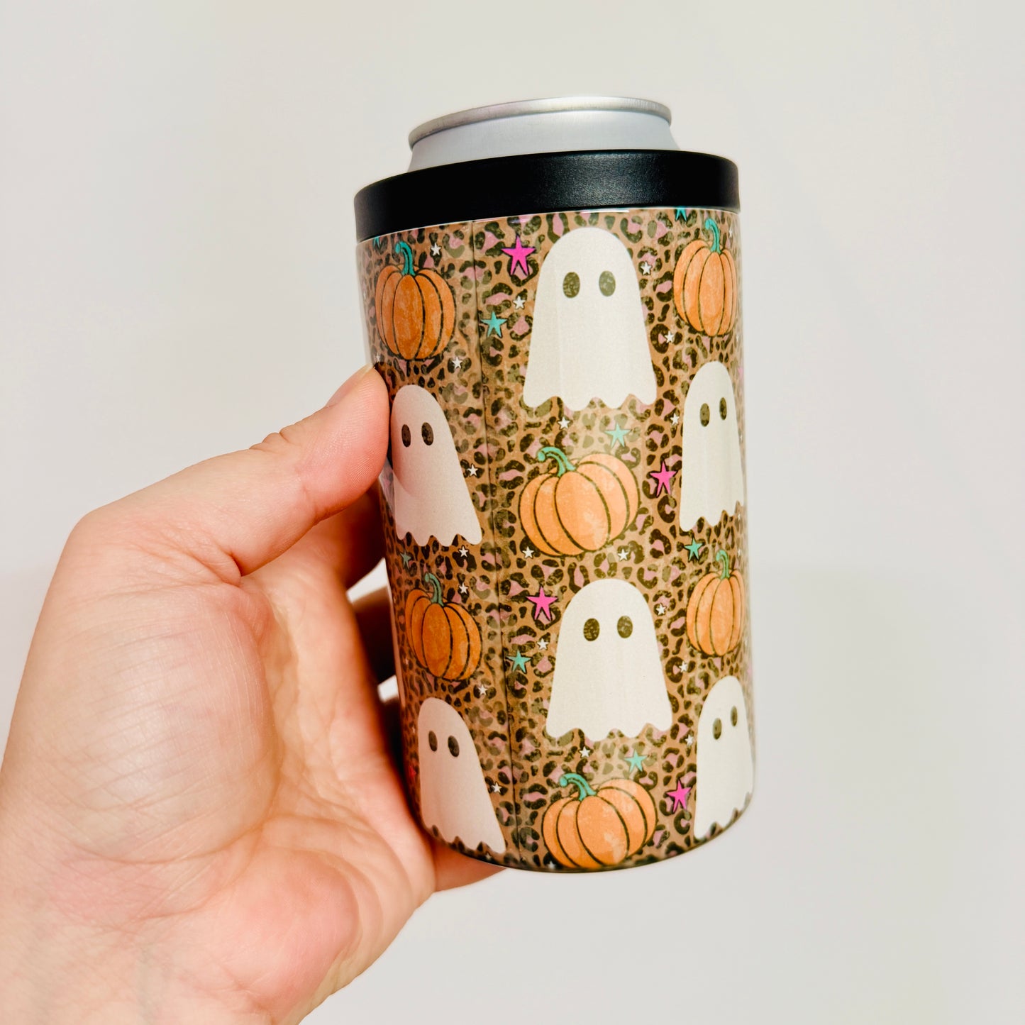 12 oz Can Cooler, Cheetah Print Ghosts & Pumpkins