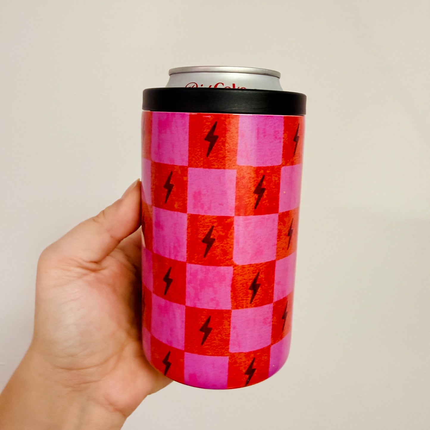 12 oz Can Cooler, Bright Pink Lightening Bolts Pattern