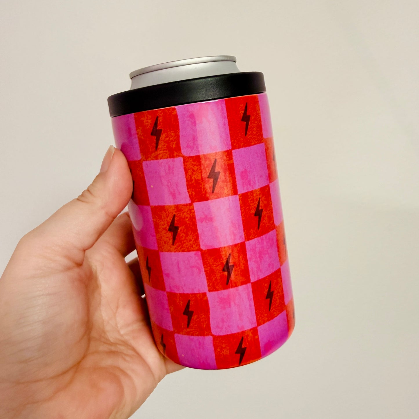 12 oz Can Cooler, Bright Pink Lightening Bolts Pattern