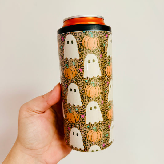 Slim Can Cooler, Cheetah Print Ghosts & Pumpkins